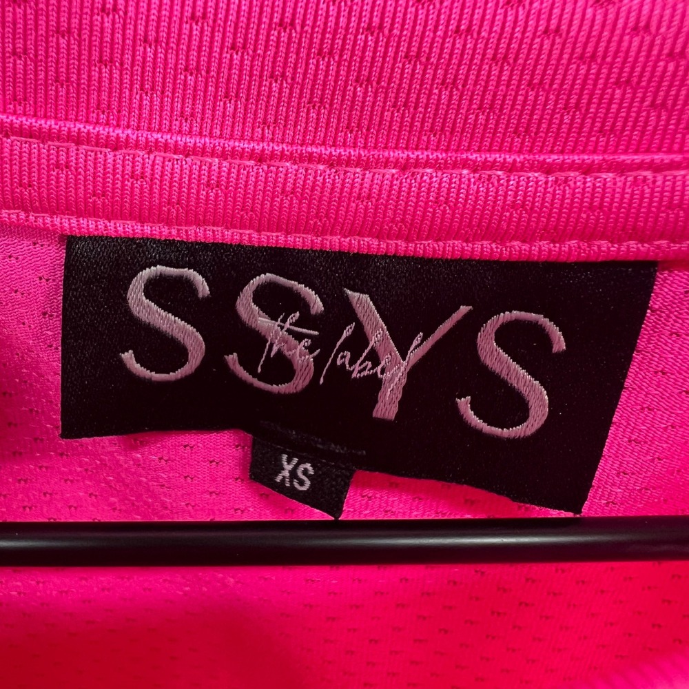SSYS The Label Womens XS Neon Pink Ruffle Shoulder Mesh Long Sleeve Athletic Top - Picture 2 of 7